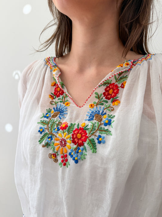 1940s Vintage Hungarian Folk Floral Embroidered Peasant Blouse