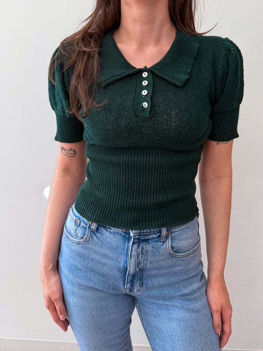 1970s Vintage Forest Green Knit Blouse