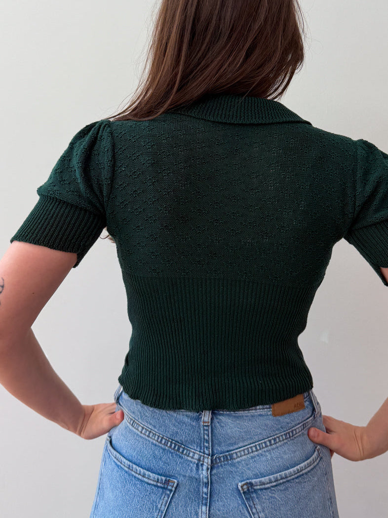 1970s Vintage Forest Green Knit Blouse