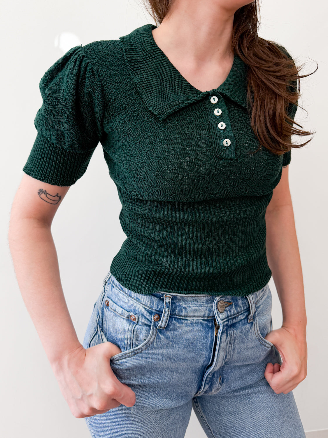 1970s Vintage Forest Green Knit Blouse