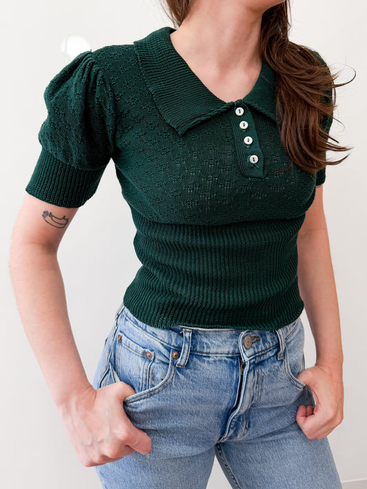 1970s Vintage Forest Green Knit Blouse