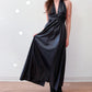 1970s Vintage Wet Look Black Disco Liquid Fabric Halter Maxi Wrap Dress