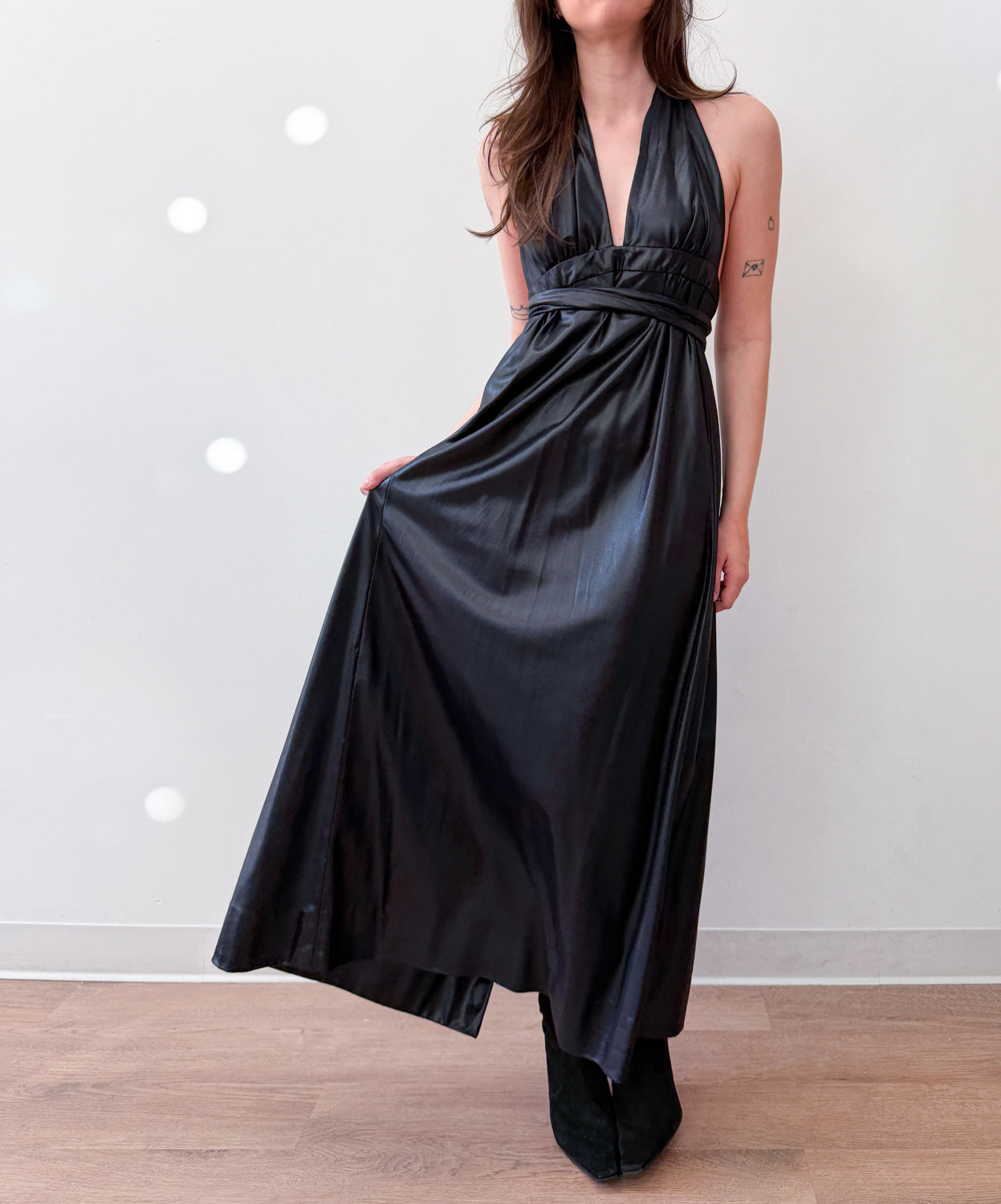 1970s Vintage Wet Look Black Disco Liquid Fabric Halter Maxi Wrap Dress