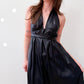 1970s Vintage Wet Look Black Disco Liquid Fabric Halter Maxi Wrap Dress