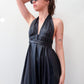 1970s Vintage Wet Look Black Disco Liquid Fabric Halter Maxi Wrap Dress