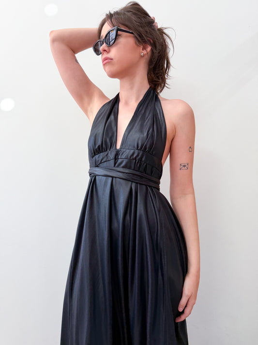 1970s Vintage Wet Look Black Disco Liquid Fabric Halter Maxi Wrap Dress