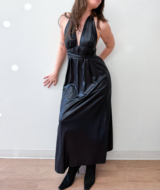 1970s Vintage Wet Look Black Disco Liquid Fabric Halter Maxi Wrap Dress