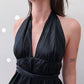 1970s Vintage Wet Look Black Disco Liquid Fabric Halter Maxi Wrap Dress
