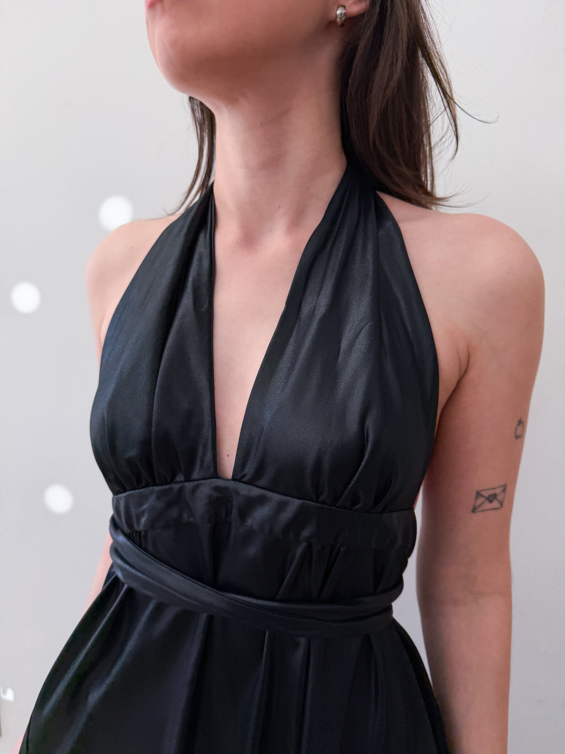 1970s Vintage Wet Look Black Disco Liquid Fabric Halter Maxi Wrap Dress