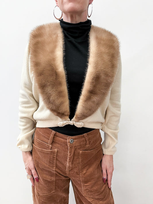 1950s Vintage Cream 100% Pure Virgin Cashmere Cardigan with Mink Collar