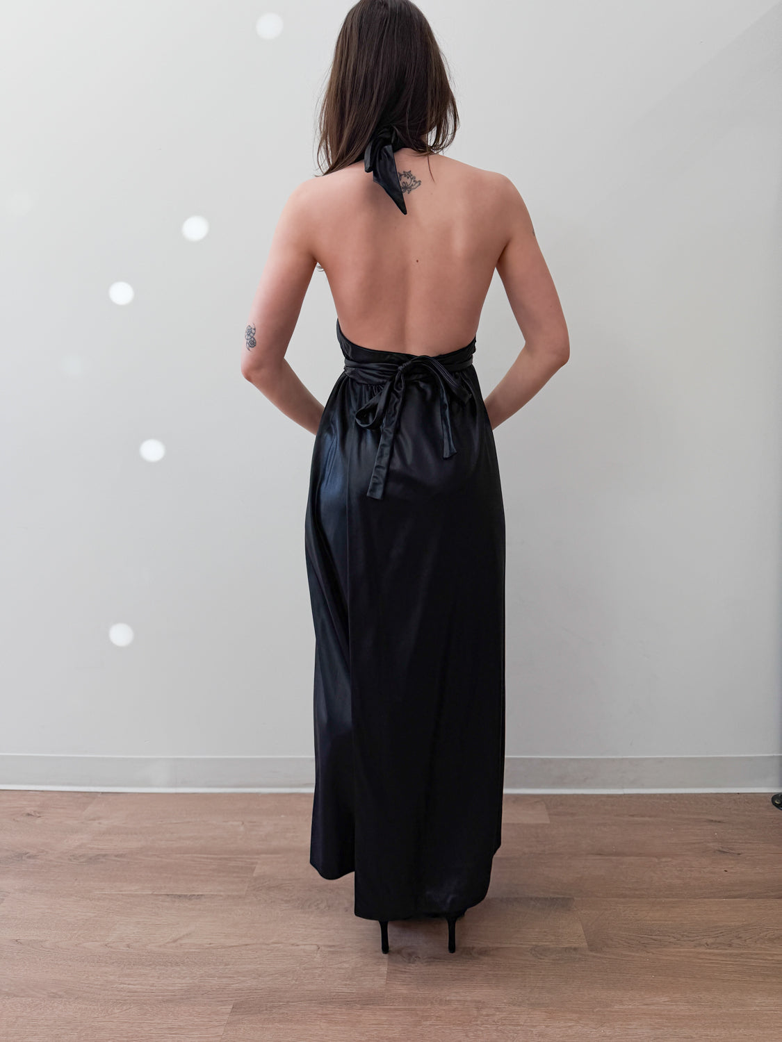 1970s Vintage Wet Look Black Disco Liquid Fabric Halter Maxi Wrap Dress
