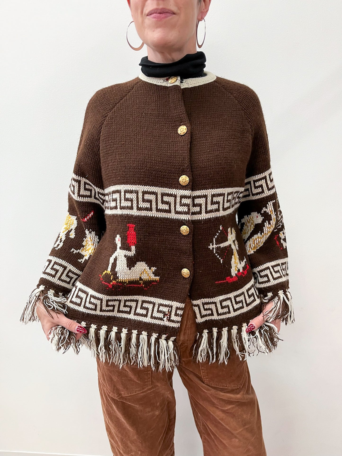 1970s Vintage Zodiac Astrology Knit Bell Sleeved Fringe Cardigan Sweater RARE!