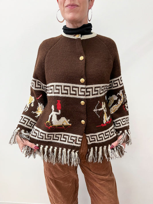 1970s Vintage Zodiac Astrology Knit Bell Sleeved Fringe Cardigan Sweater RARE!