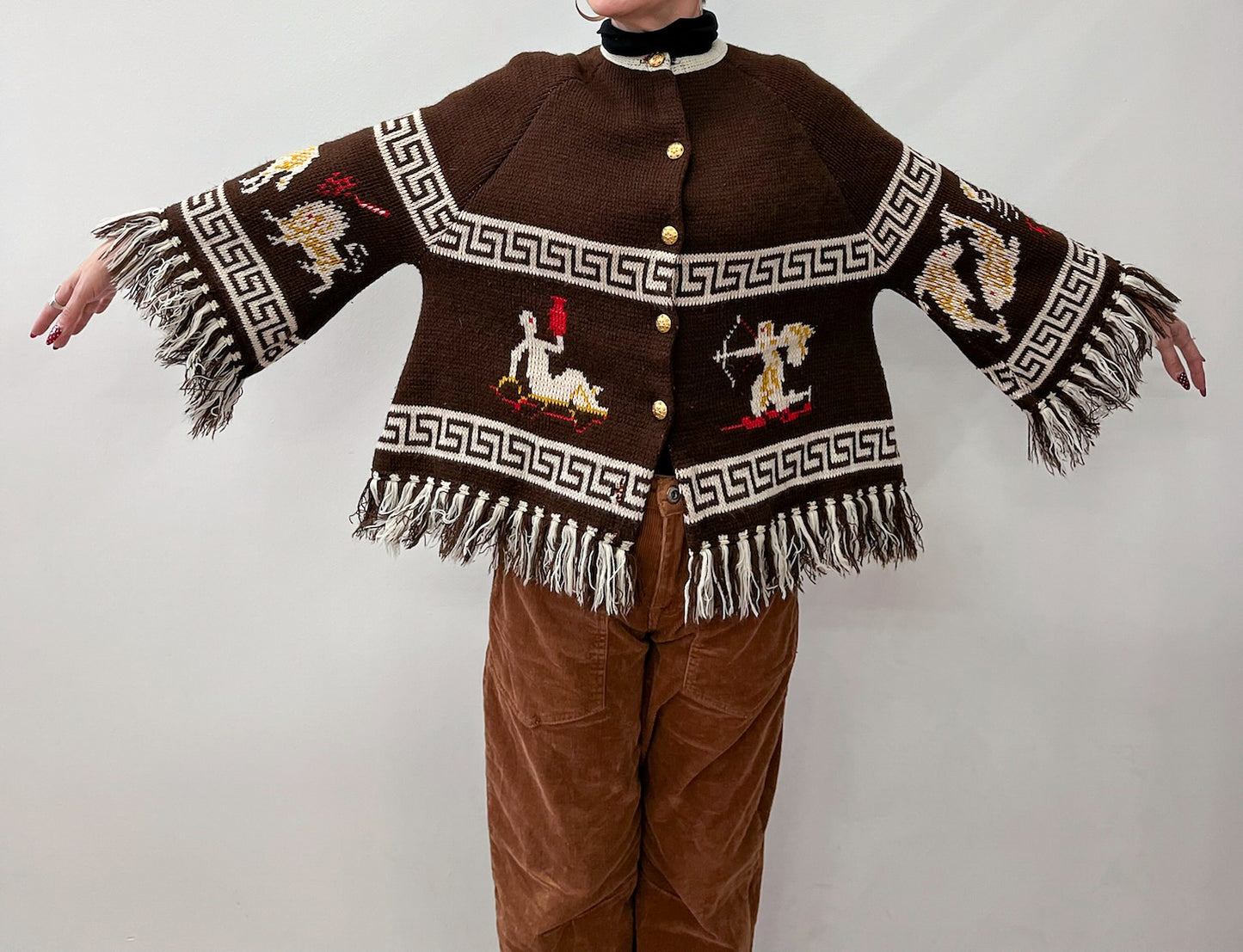 1970s Vintage Zodiac Astrology Knit Bell Sleeved Fringe Cardigan Sweater RARE!