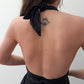 1970s Vintage Wet Look Black Disco Liquid Fabric Halter Maxi Wrap Dress
