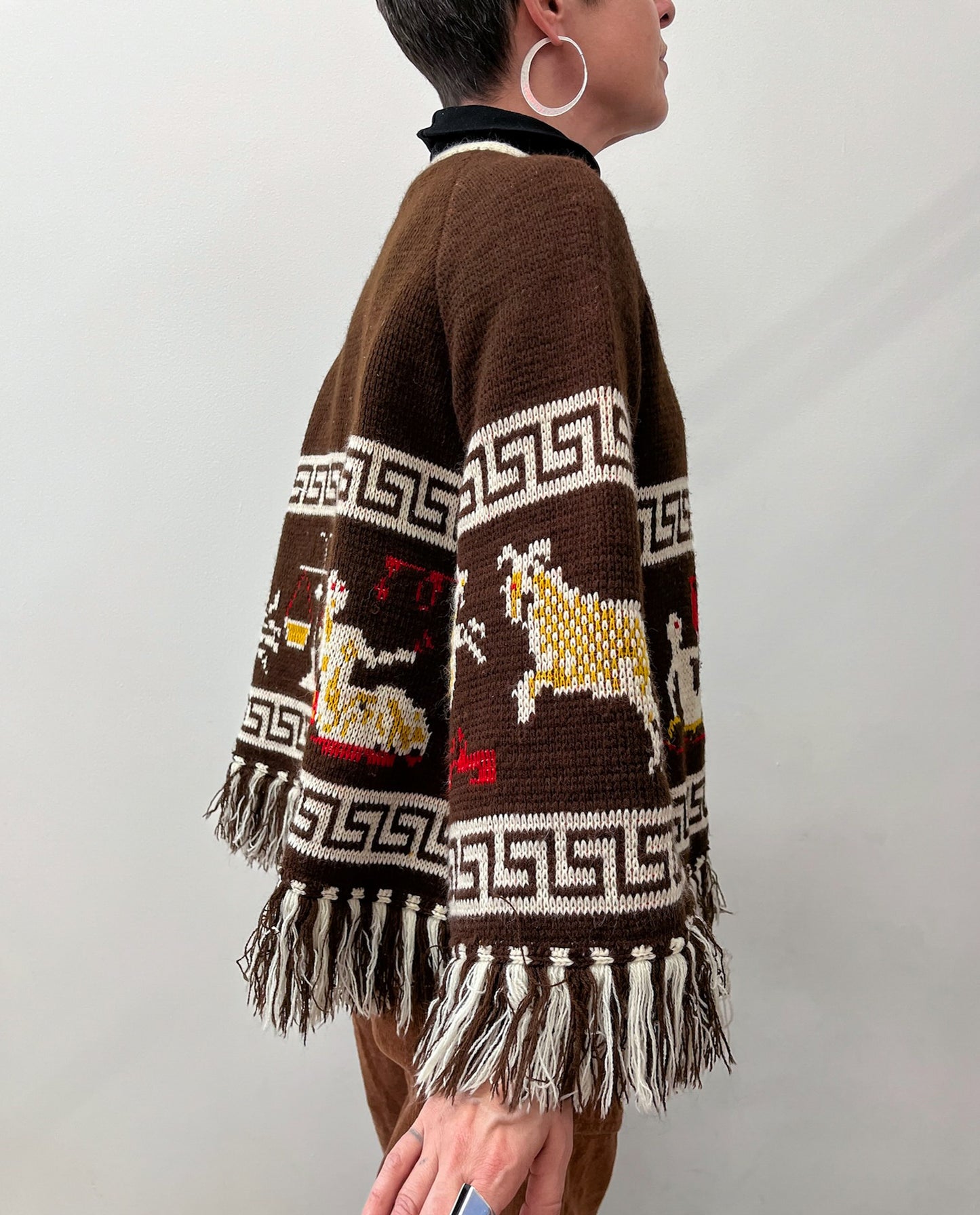 1970s Vintage Zodiac Astrology Knit Bell Sleeved Fringe Cardigan Sweater RARE!