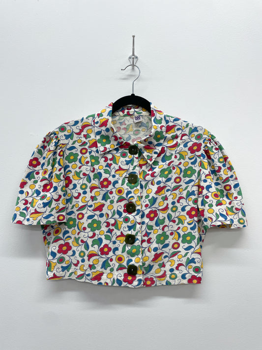 1940s Vintage Floral Cotton Twill Cropped Blouse with Bakelite Buttons