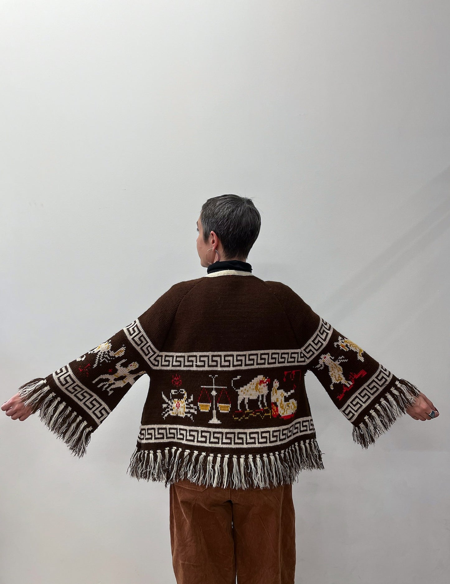 1970s Vintage Zodiac Astrology Knit Bell Sleeved Fringe Cardigan Sweater RARE!