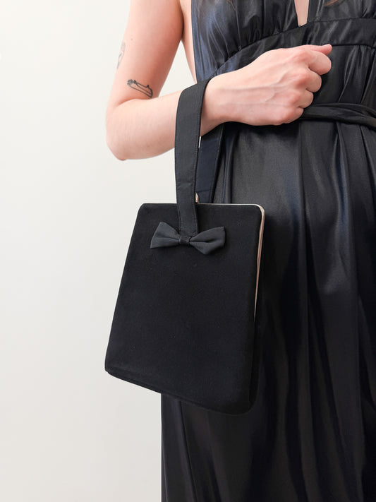 1950s Black Suede Bow Tie Hand Bag by Kessler