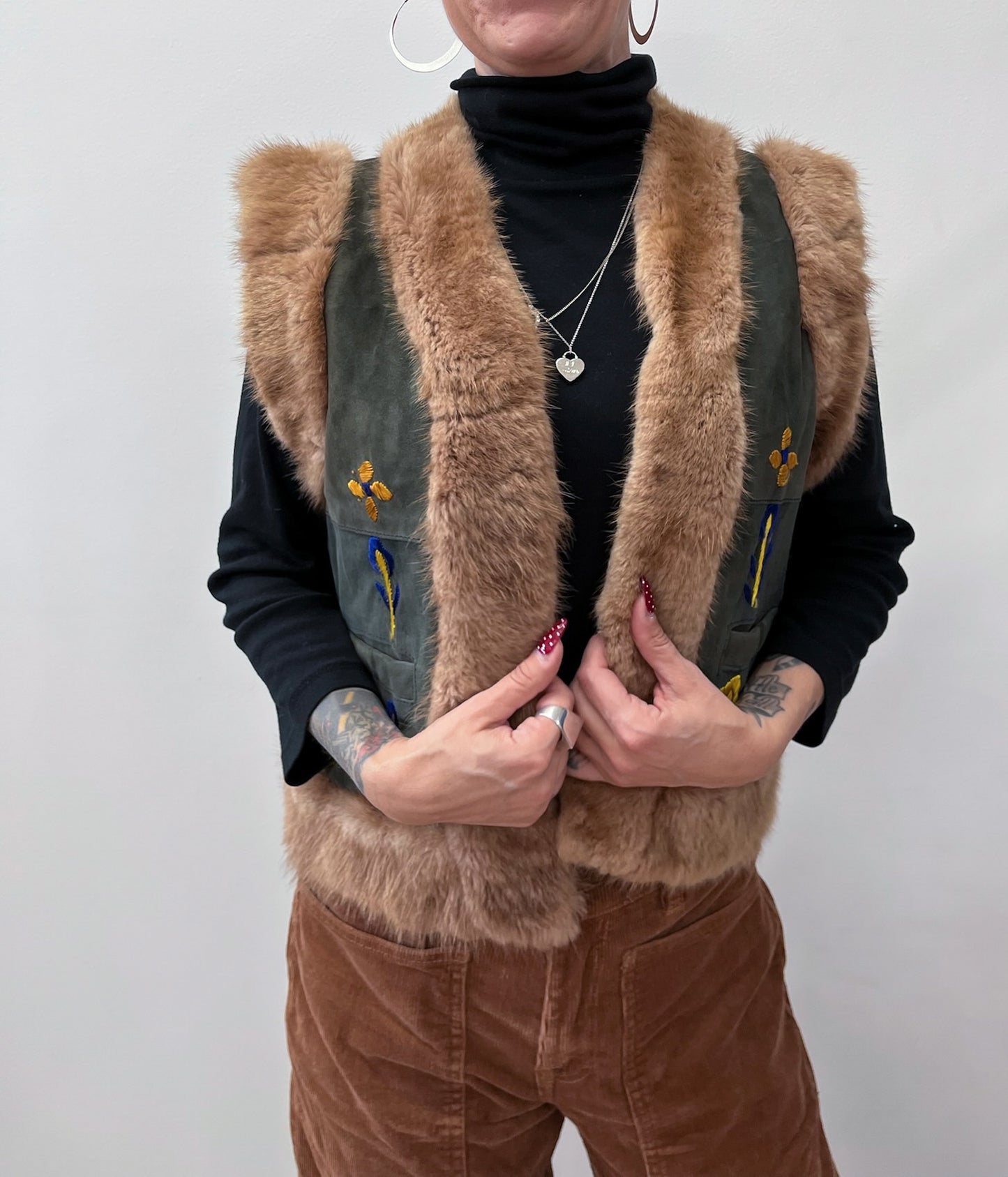 1990s Vintage Suede & Fur Embroidered Vest by Bebe Moda
