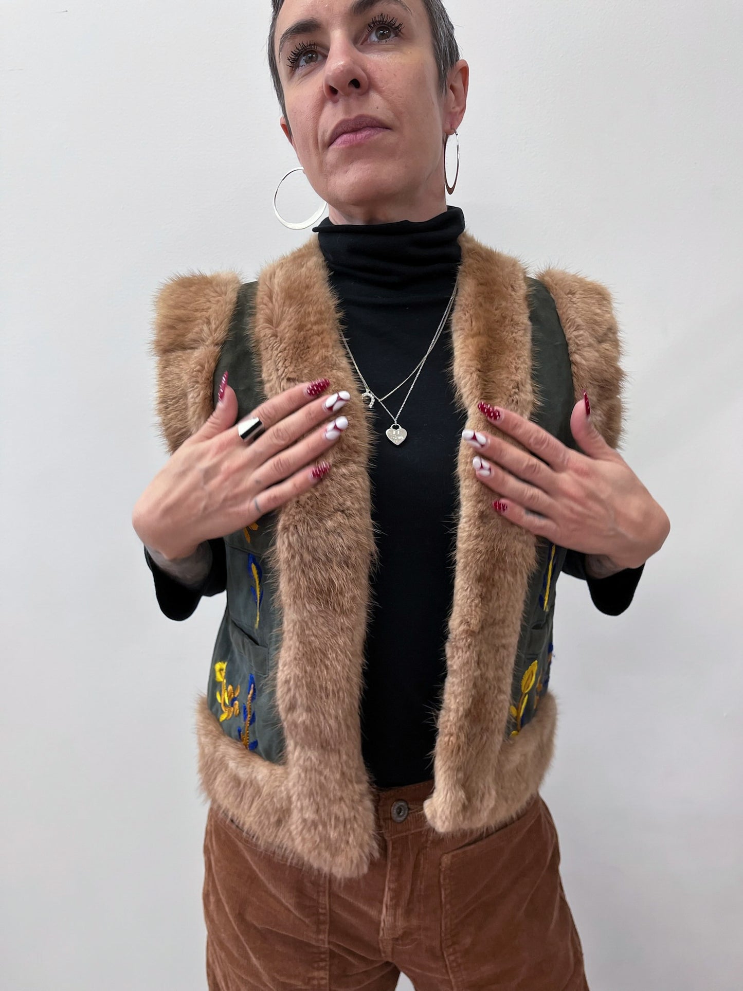1990s Vintage Suede & Fur Embroidered Vest by Bebe Moda