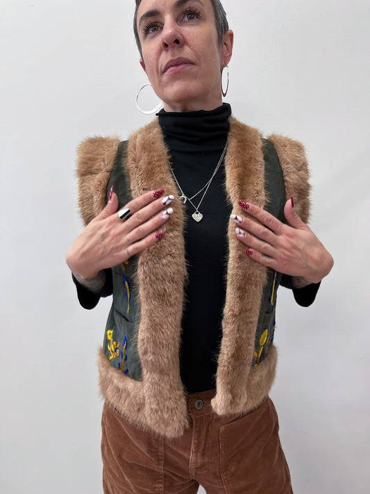 1990s Vintage Suede & Fur Embroidered Vest by Bebe Moda