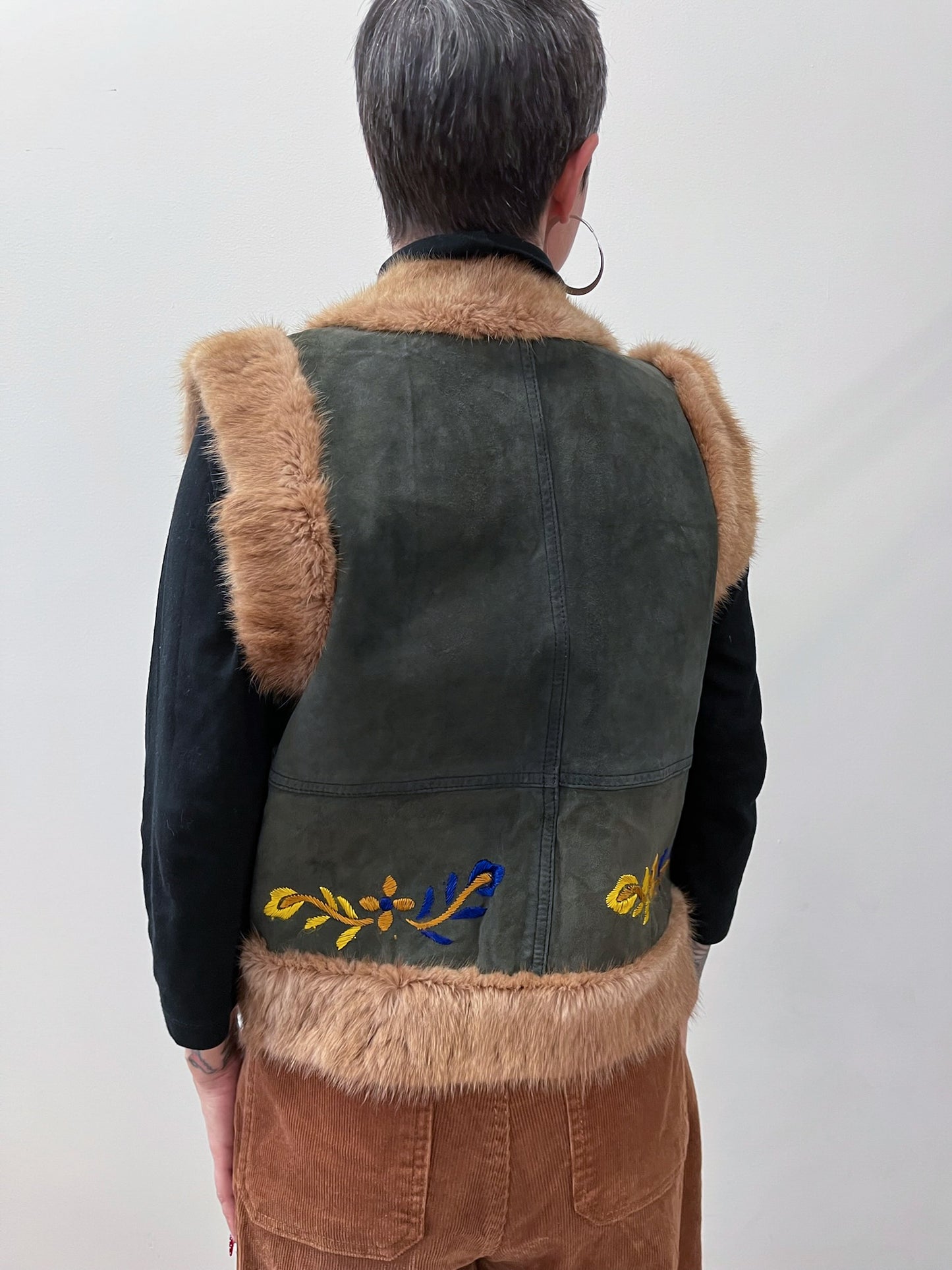 1990s Vintage Suede & Fur Embroidered Vest by Bebe Moda