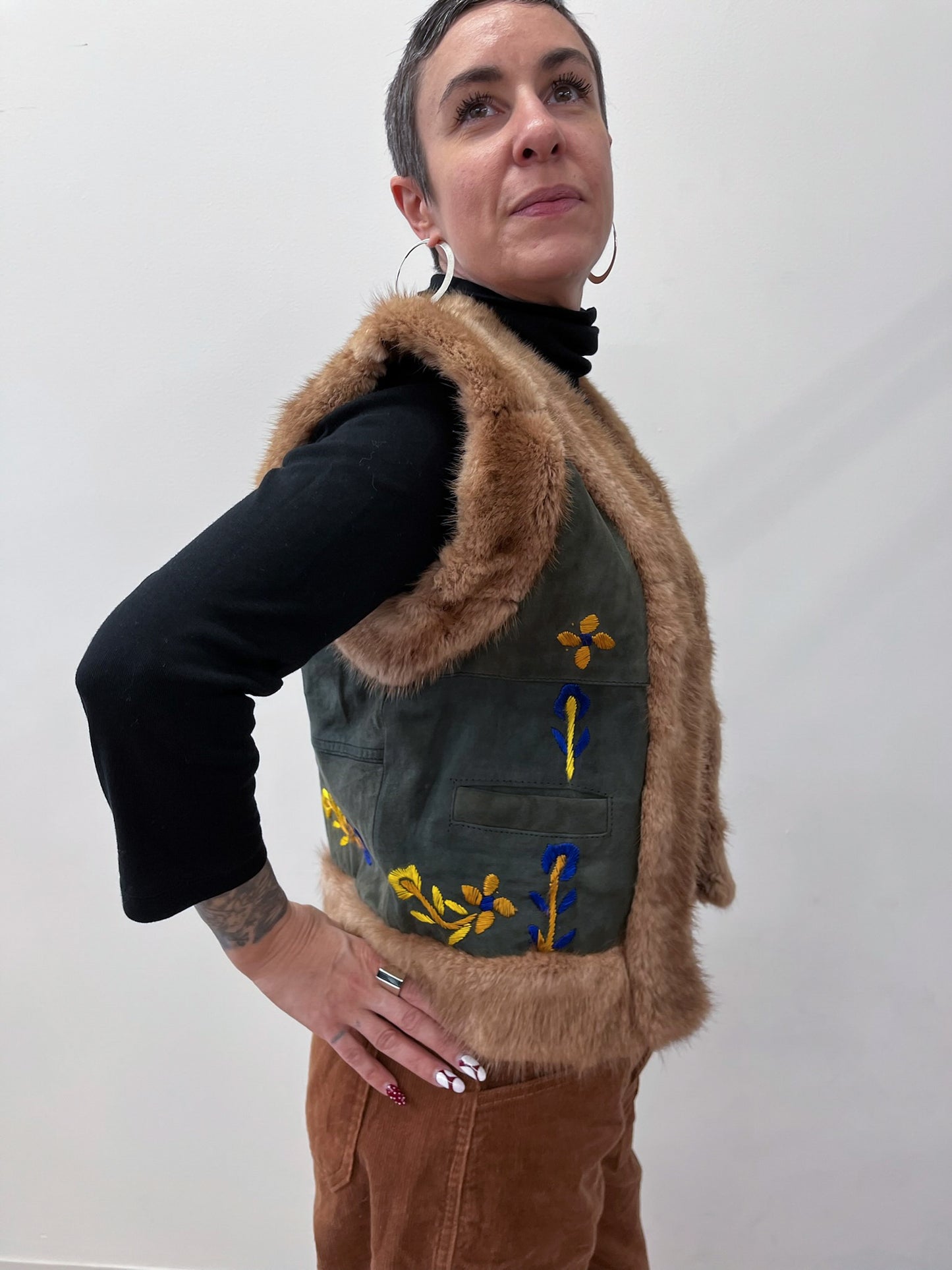 1990s Vintage Suede & Fur Embroidered Vest by Bebe Moda
