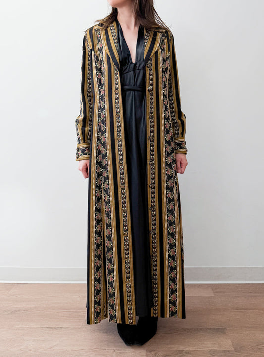 1970s Vintage Romantic Dark Floral Tapestry Duster Coat Jacket
