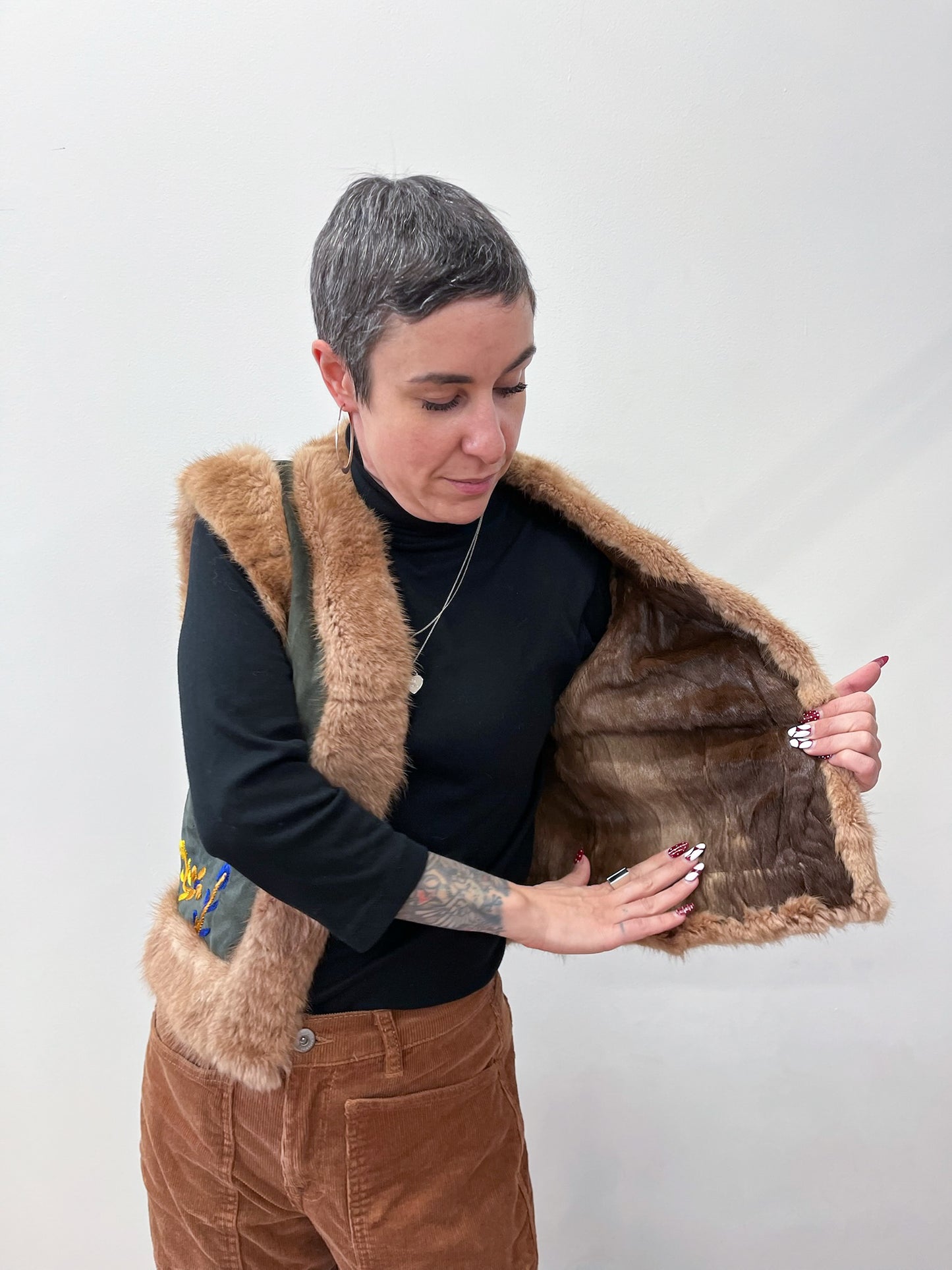 1990s Vintage Suede & Fur Embroidered Vest by Bebe Moda