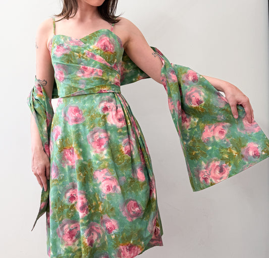 1950s Vintage Painterly Watercolor Roses Dress with Matching Scarf