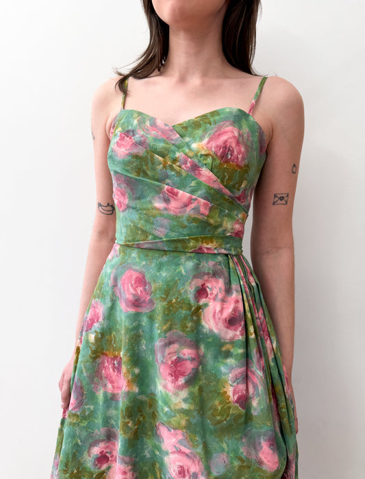 1950s Vintage Painterly Watercolor Roses Dress with Matching Scarf