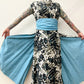 1950s Vintage Formal Cocktail Fern Print Dress with Dramatic Blue Sash and Train