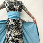 1950s Vintage Formal Cocktail Fern Print Dress with Dramatic Blue Sash and Train