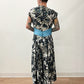 1950s Vintage Formal Cocktail Fern Print Dress with Dramatic Blue Sash and Train