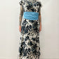 1950s Vintage Formal Cocktail Fern Print Dress with Dramatic Blue Sash and Train