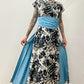 1950s Vintage Formal Cocktail Fern Print Dress with Dramatic Blue Sash and Train