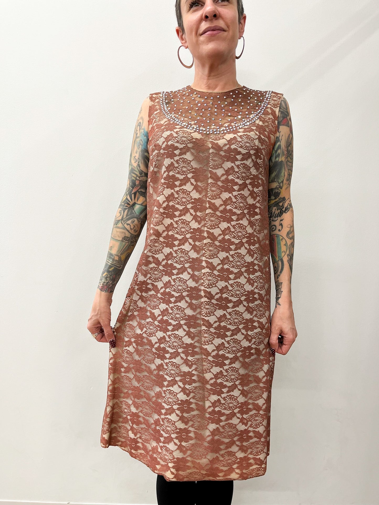 1960s Vintage Dusty Rose Lace Mod Shift Dress with Sequin Bib