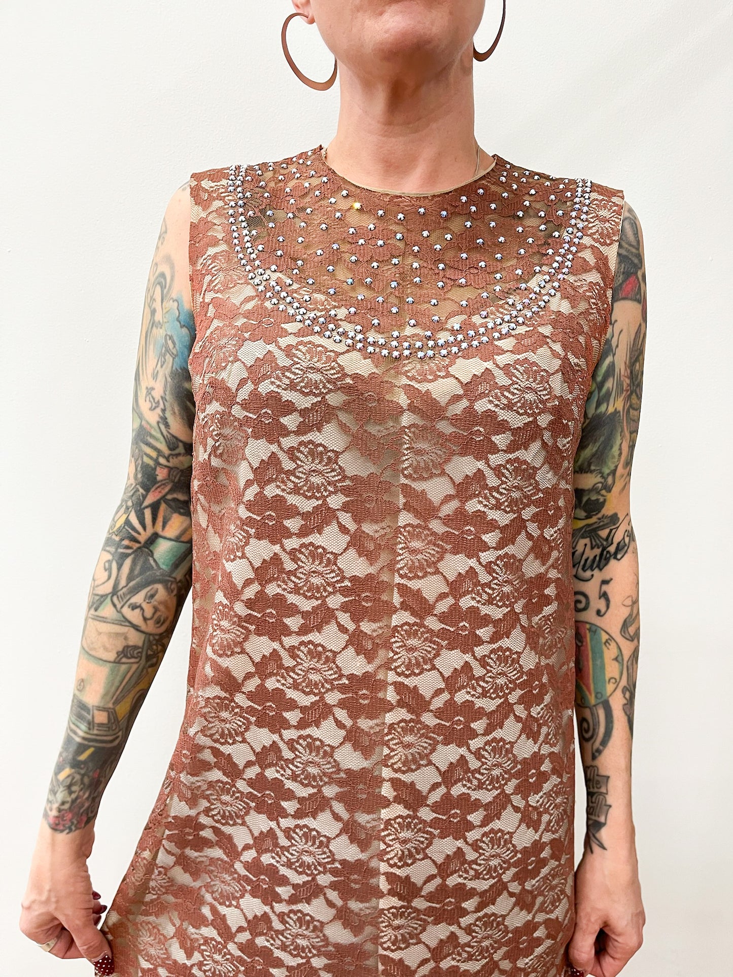 1960s Vintage Dusty Rose Lace Mod Shift Dress with Sequin Bib