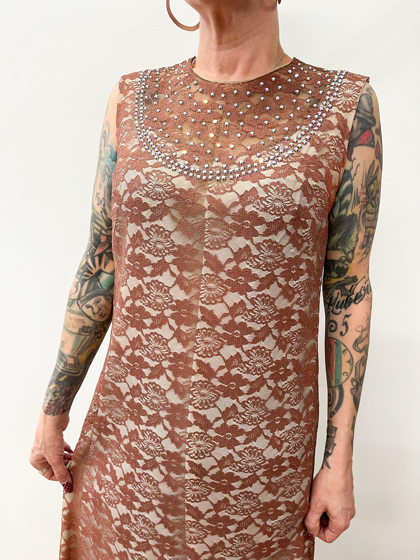 1960s Vintage Dusty Rose Lace Mod Shift Dress with Sequin Bib