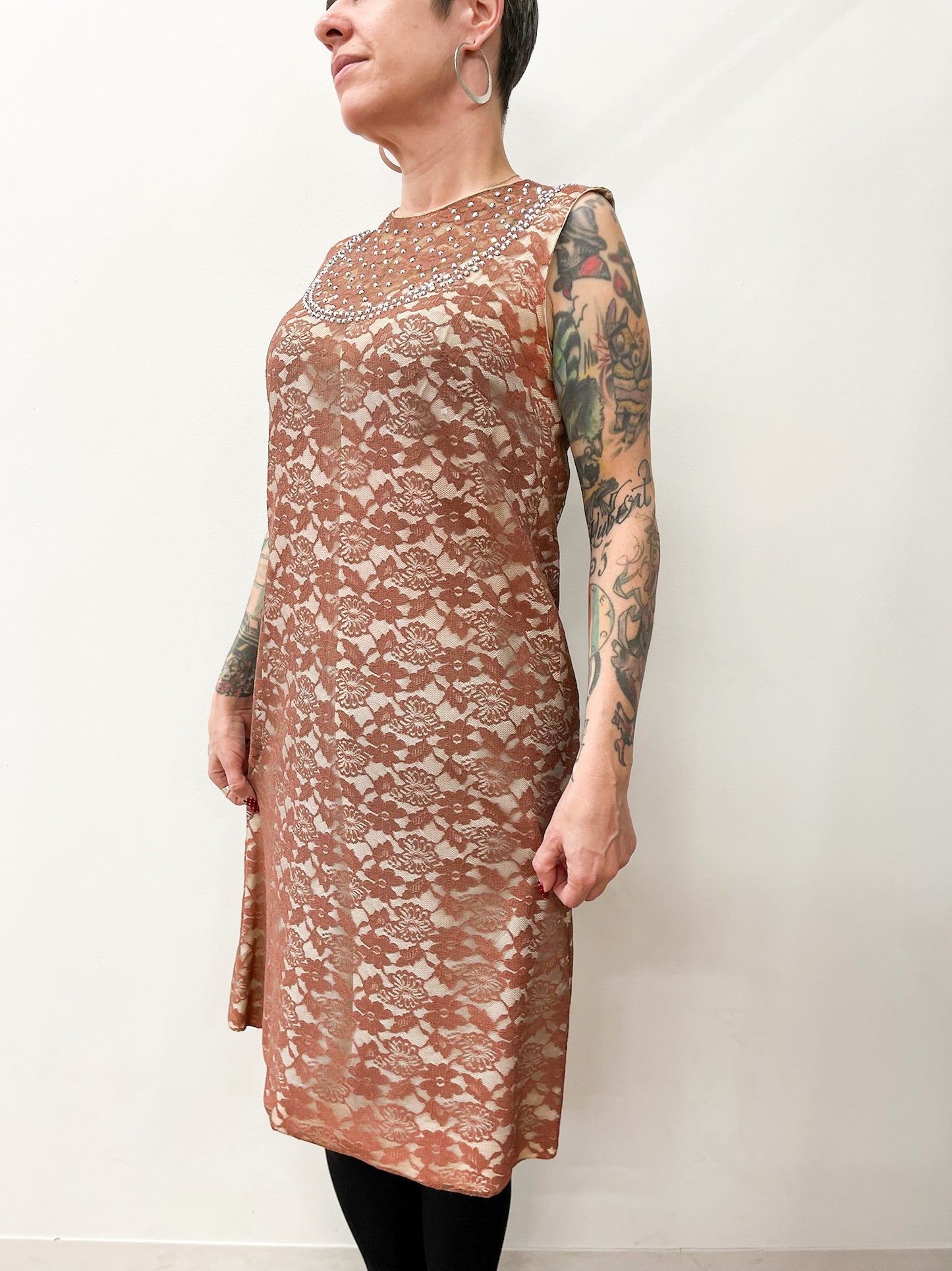 1960s Vintage Dusty Rose Lace Mod Shift Dress with Sequin Bib