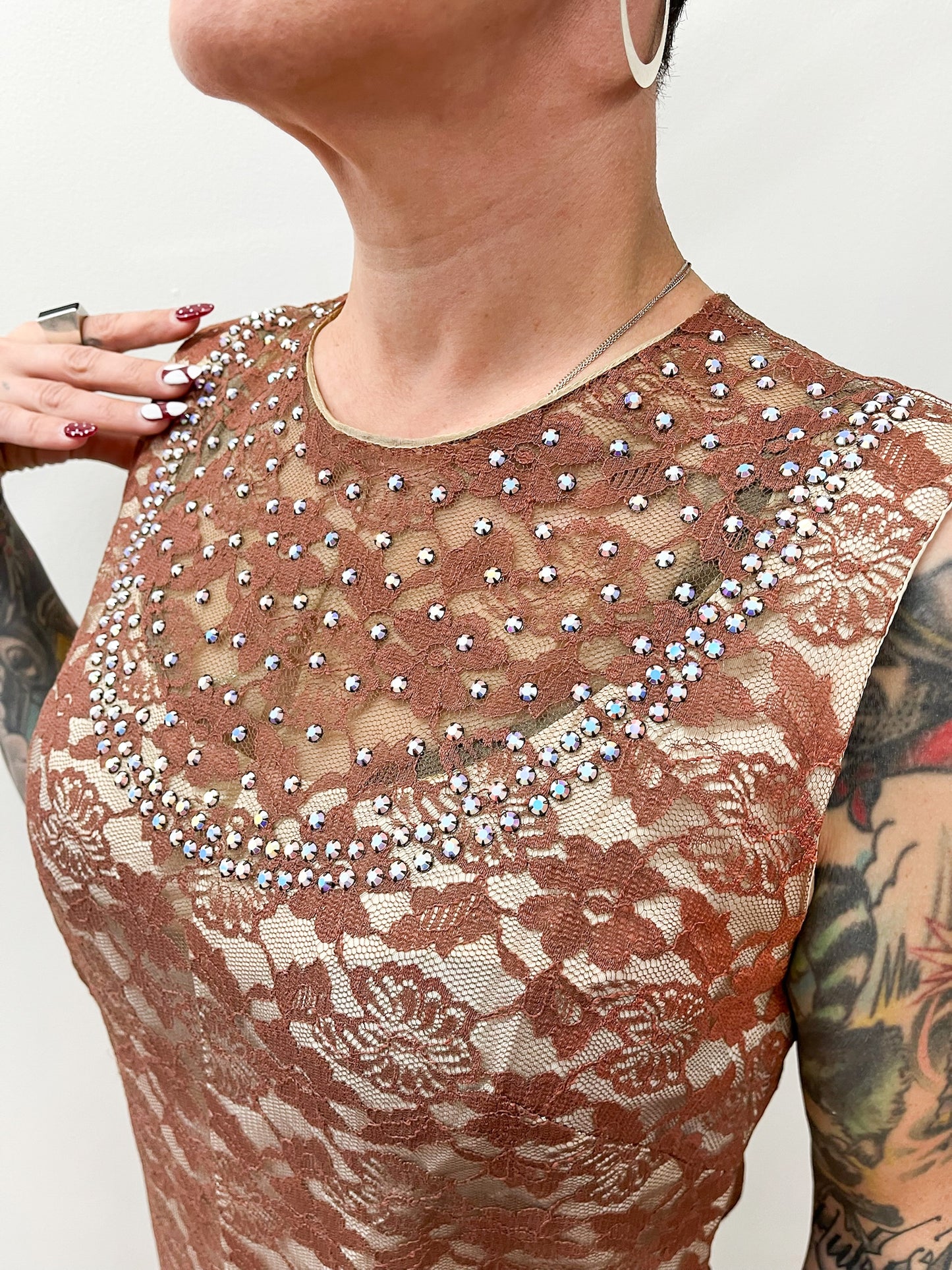 1960s Vintage Dusty Rose Lace Mod Shift Dress with Sequin Bib