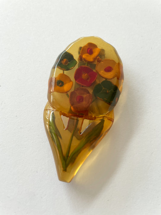 1940s Vintage Apple Juice Bakelite Flower Bouquet Reverse Carved Shoe / Dress / Money Clip