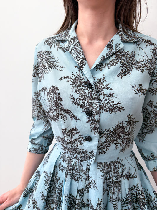 1960s Vintage Nelly Don Novelty Pastoral Print Shirtwaist Dress