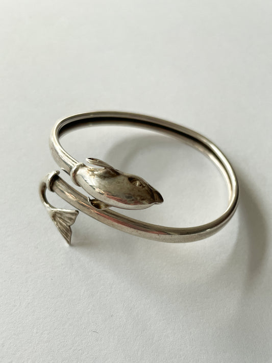1990s Vintage Sterling Silver Dolphin Wrap Around Cuff Bracelet