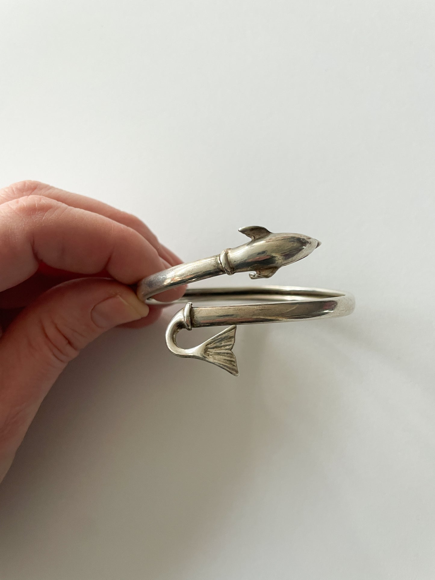 1990s Vintage Sterling Silver Dolphin Wrap Around Cuff Bracelet