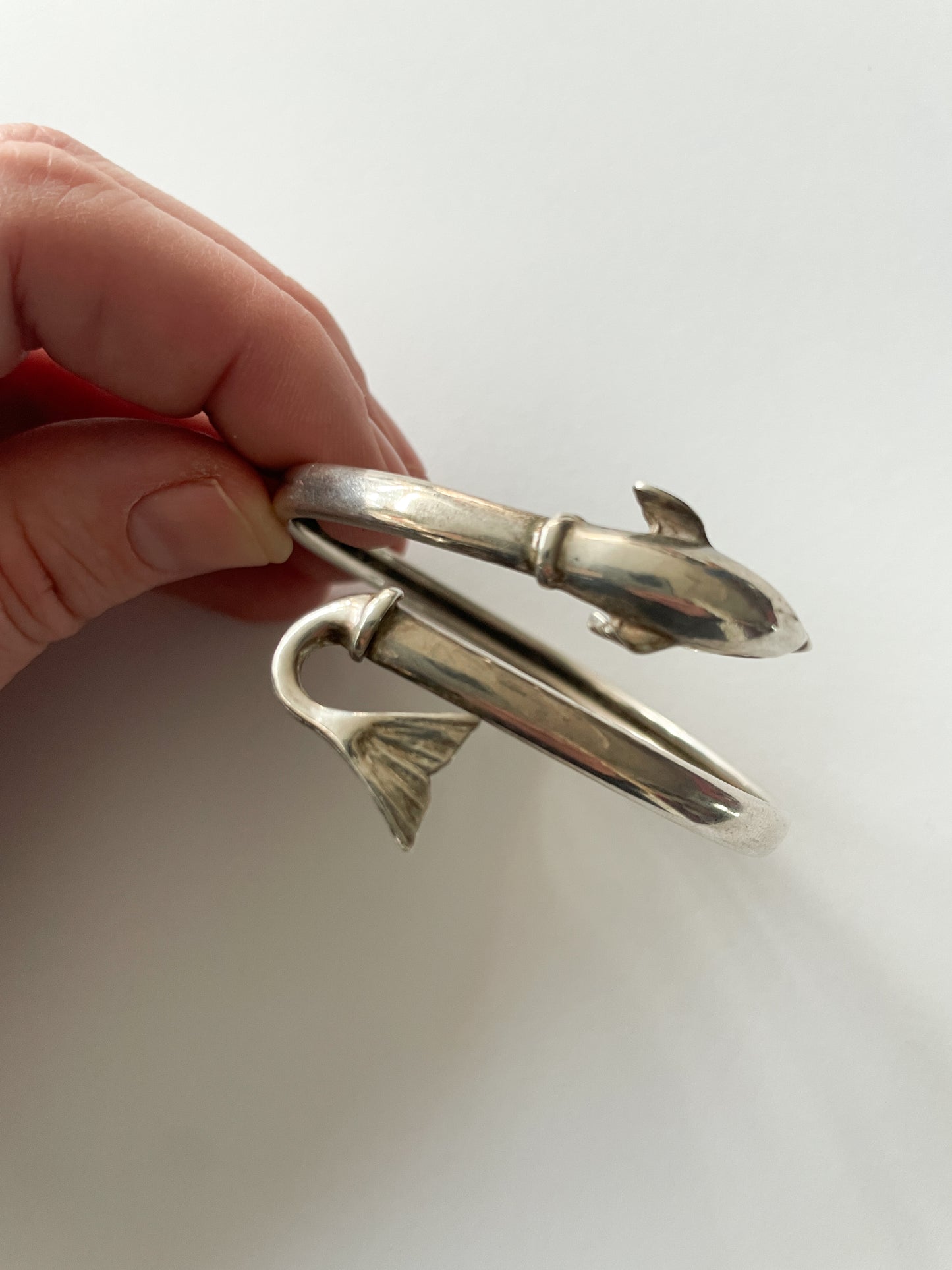 1990s Vintage Sterling Silver Dolphin Wrap Around Cuff Bracelet