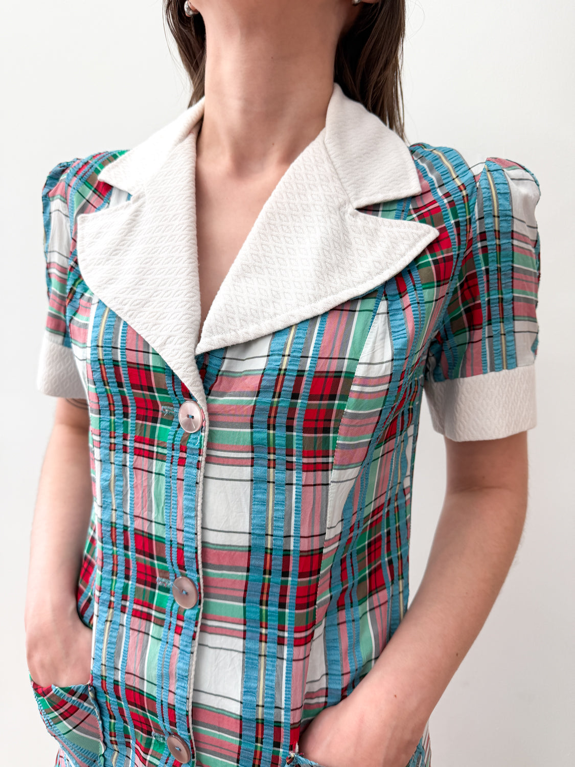 1970s Vintage Plaid Seersucker Top and Pant Two Piece Set