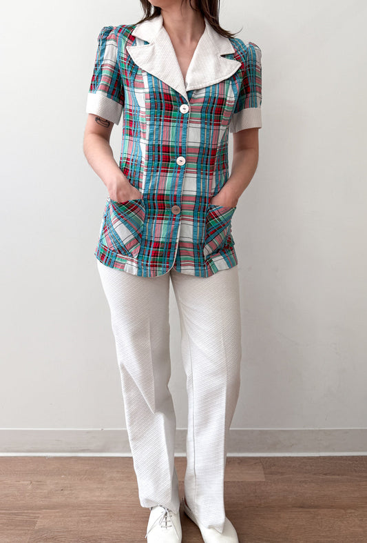 1970s Vintage Plaid Seersucker Top and Pant Two Piece Set