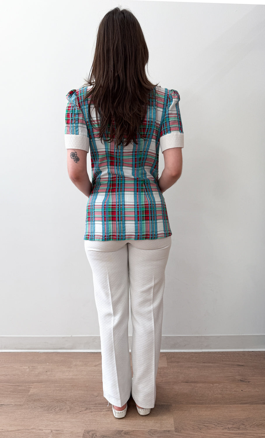1970s Vintage Plaid Seersucker Top and Pant Two Piece Set